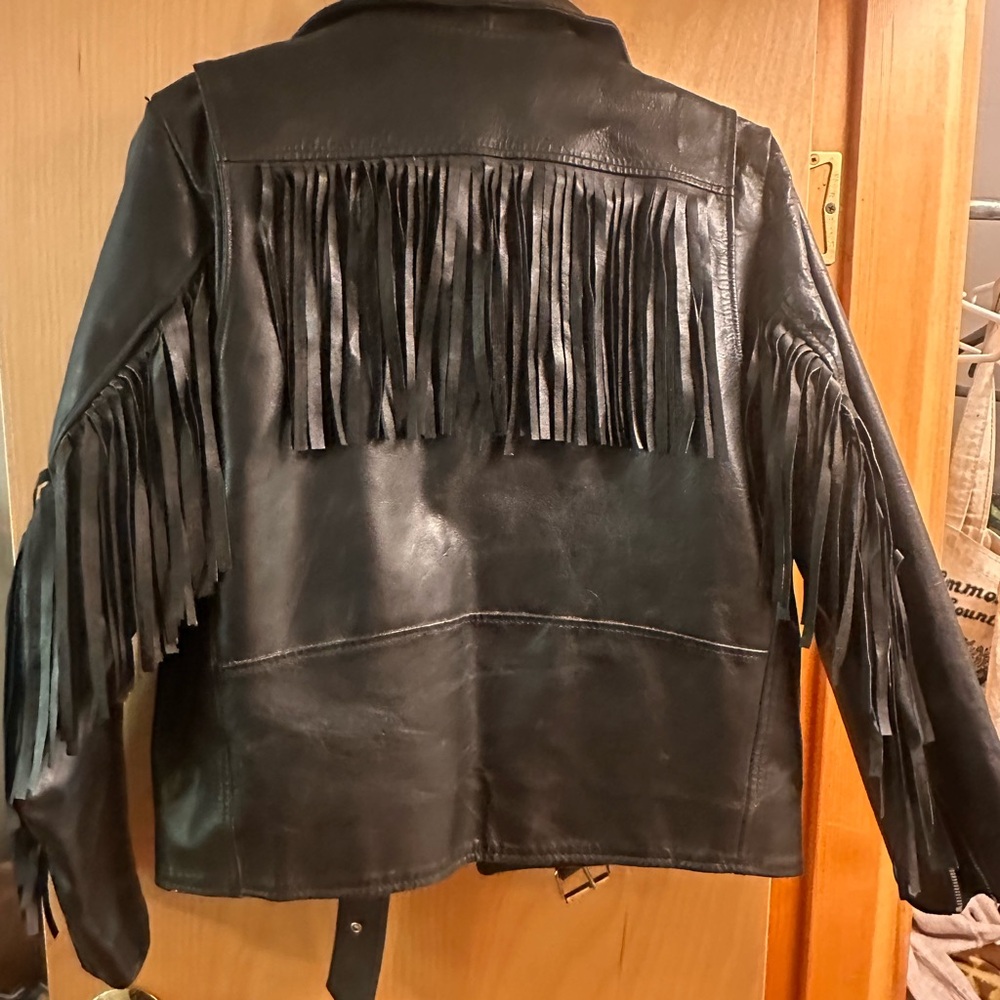 Vintage Black Leather Fringe Motorcycle Jacket